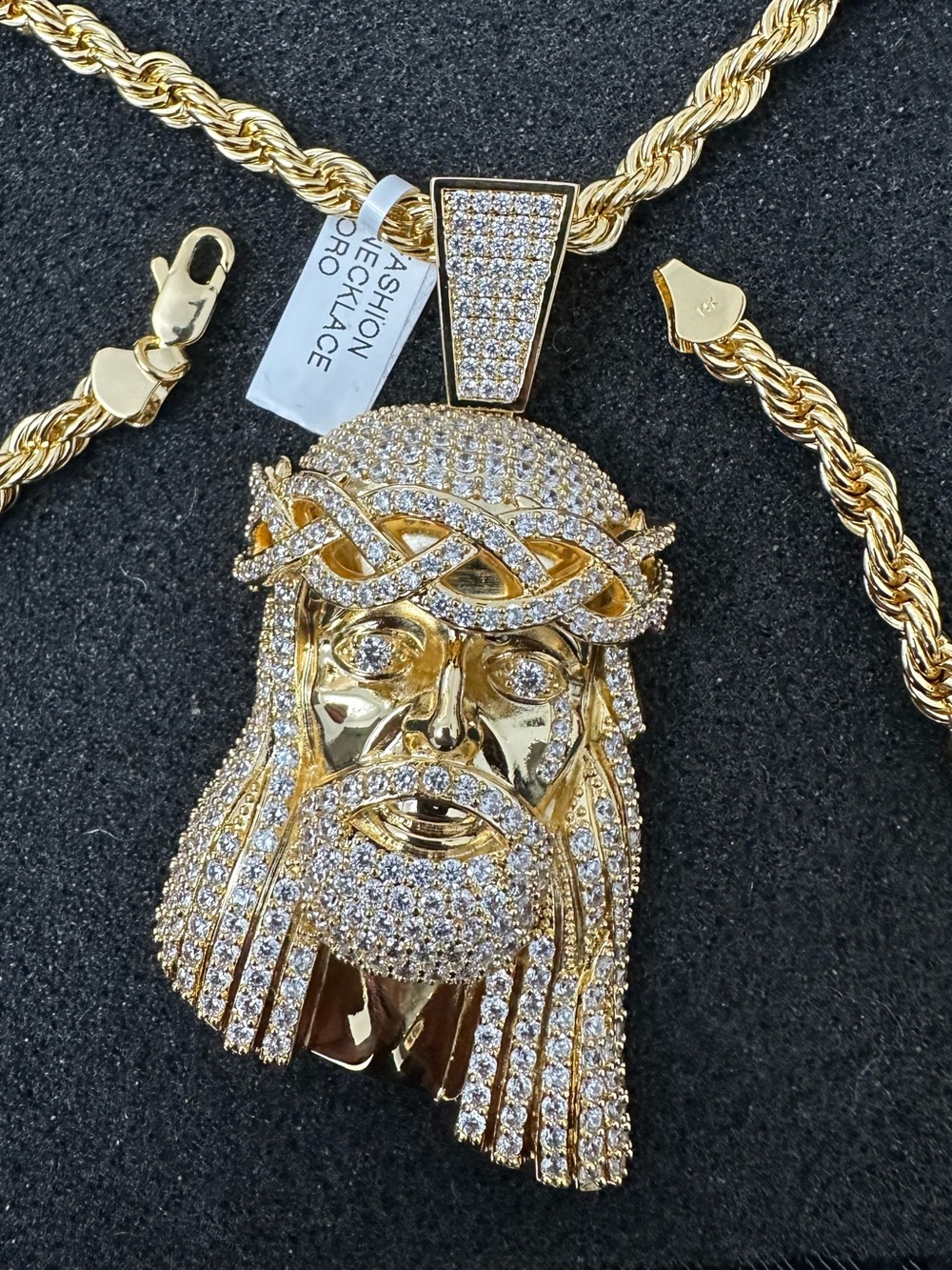 New Gold plated cz Jesus Pendant charm with new gold plated Rope Chain necklace